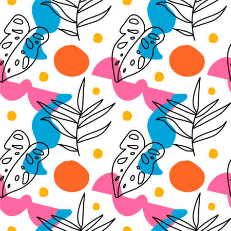 Seamless vector pattern with shape, tropical leaves trendy color.Abstract print with bright hand...