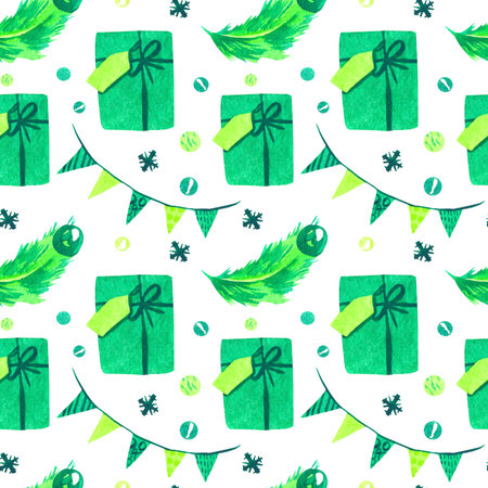 Watercolor seamless green pattern with Christmas elements on white isolated background. Festive print with gifts, flags, confetti, branch with a Christmas toy. Design for wrapping paper, textiles, packaging.の写真素材