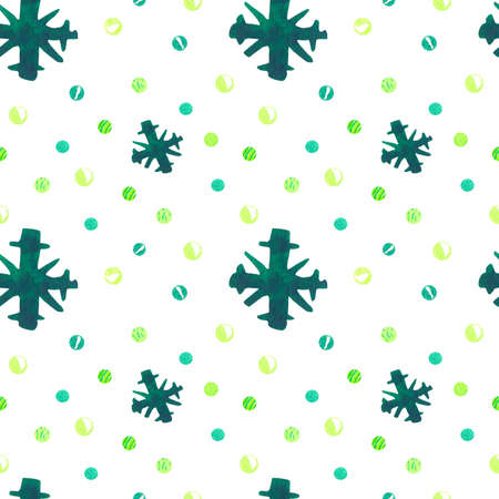 Watercolor seamless green pattern with Christmas elements on white isolated background.Festive print...