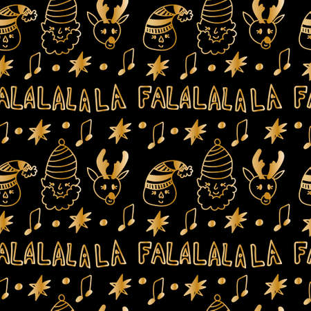 Vector seamless pattern with Christmas songs, santa claus, stars, gold line notes on black...