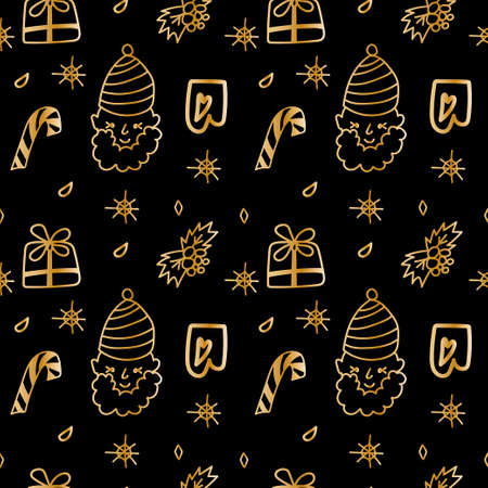 Seamless vector pattern with santa claus, lollipop, presents, amela, snowflakes with gold line on black background. Holiday print in doodle style hand drawn. Designs for textiles, fabric, wrapping paper.のイラスト素材