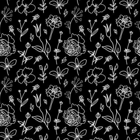 Vector seamless pattern with flowers on black isolated hand drawn background.Botanical, Spring, Summer doodle style white line print.のイラスト素材