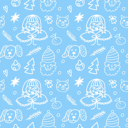 Christmas vector seamless pattern with white girls, dogs, tangerines, cats, leaves, santa claus, branches.Holiday print on blue isolated background in doodle hand drawn style.Dのイラスト素材