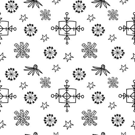 Vector seamless pattern with Scandinavian style snowflakes in black line on white isolated background.Winter, nordic, holiday hand drawn doodle style print.Designs for textiles, wrapping paper, packaging.のイラスト素材