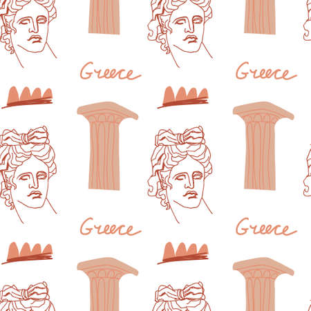 Seamless vector pattern with the gods of Ancient Greece in beige, brown.Repeating Antique ornament hand drawn on white background.Designs for textiles, web, social media, packaging, wrapping paper, fabric.のイラスト素材