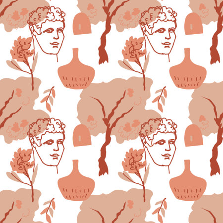 Seamless vector pattern with the gods of Ancient Greece in beige, brown.Repeating Antique ornament hand drawn on white background.Designs for textiles, web, social media, packaging, wrapping paper, fabric.のイラスト素材