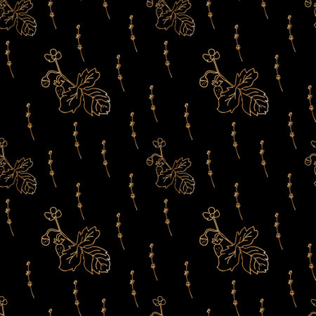 Seamless gold line floral vector pattern on a black isolated background hand drawn. Botanical repeating ornament in doodle style. Design for wrapping paper, packaging, textiles, fabric, web, social media.のイラスト素材