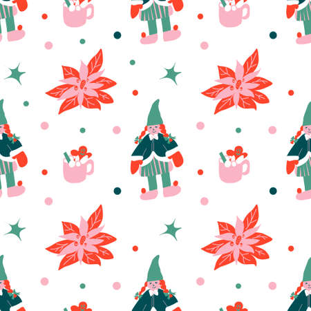 Seamless vector pattern for Christmas in bright colors in flat style. Holiday print with girl,...