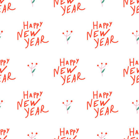 Seamless vector pattern for Christmas in bright colors in flat style.Holiday botanical print with a branch and hand drawn lettering.Designs for textiles, packaging, social media, wrapping paper, fabricのイラスト素材