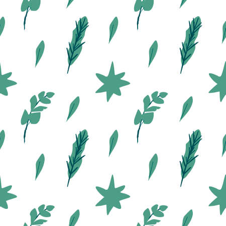 Seamless vector pattern for Christmas in bright colors in flat style.Holiday botanical print with stars and leaves hand drawn.Design for textiles, packaging, social media, web, wrapping paper, fabric.のイラスト素材