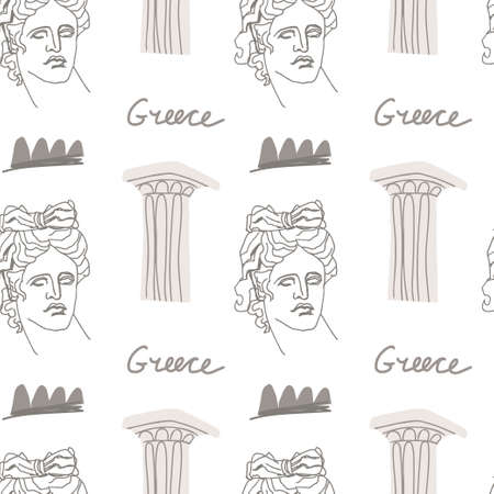 Vector seamless pattern with Greek ancient gods with gray colors. Repeating hand drawn ornament on white isolated background. Designs for textiles, fabric, wrapping paper, packaging, invitations.のイラスト素材