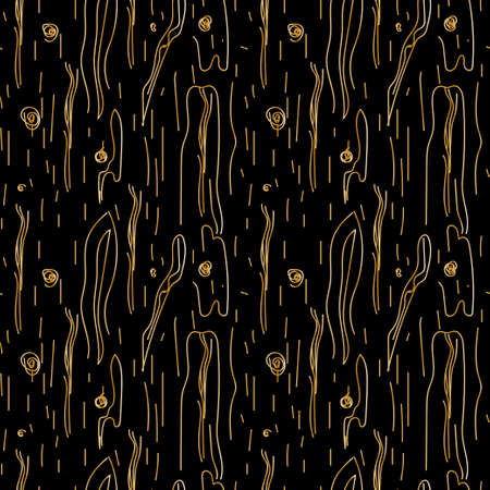 Seamless vector pattern with gold wood texture on black background. Foil Holiday, Modern repeating ornament hand drawn print. Designs for wrapping paper, web, textile, packaging, fabric, social media.のイラスト素材