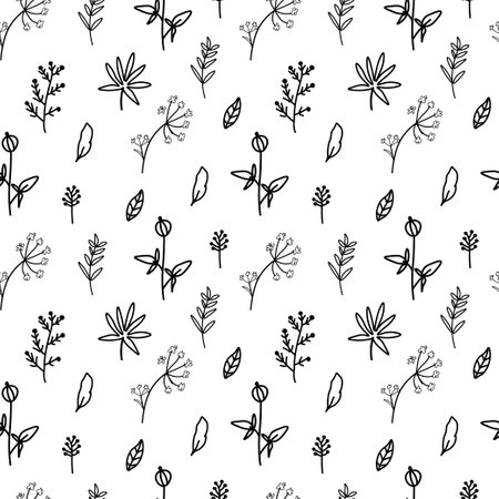 Seamless vector pattern with flowers in black on transparent isolated background.Botanical and garden print background hand drawn Designs for textiles, wrapping paper, fabric, packaging, scrapbook paper.のイラスト素材