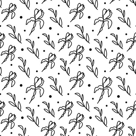 Seamless vector pattern with flowers in black on transparent isolated background.Botanical and garden print background hand drawn Designs for textiles, wrapping paper, fabric, packaging, scrapbook paper.のイラスト素材