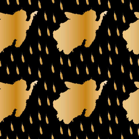 Seamless vector pattern with gold blotches on black isolated hand drawn background.Abstract textures, stains, splatter doodle style.Designs for textiles, fabric, wrapping paper, packaging, social media.のイラスト素材