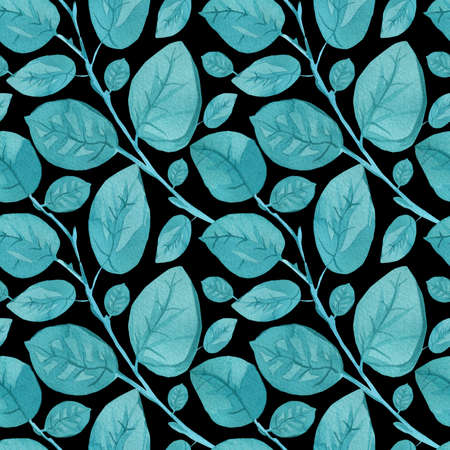 Watercolor seamless pattern with turquoise eucalyptus on black isolated hand drawn background. Botanical, wedding print hand painted.Designs for textiles, fabric, wrapping paper, packaging, social media.の写真素材