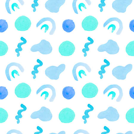 Watercolor seamless pattern with abstract shapes on isolated background.Polka dot print in doodle style.Design for wrapping paper, packaging, textiles, fabric, backdrop, wallpaper, scrapbook paper.の写真素材