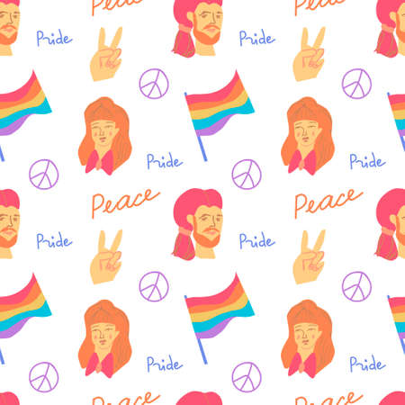 Vector seamless pattern LGBTQ isolated background flat.Bright, hippie, peaceful hand painted print.のイラスト素材