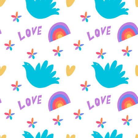 Vector seamless pattern LGBTQ isolated background flat.Bright, hippie, peaceful hand painted print.のイラスト素材