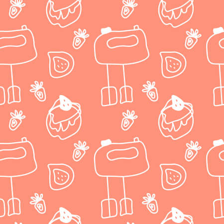 Vector seamless pattern white cooking on orange isolated background.Cafe, restaurant, kitchen print hand painted.のイラスト素材