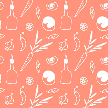 Vector seamless pattern white cooking on orange isolated background.Cafe, restaurant, kitchen print hand painted.Design for wrapping paper, packaging, textile, fabric, backdrop, wallpaper, scrapbook paper.のイラスト素材