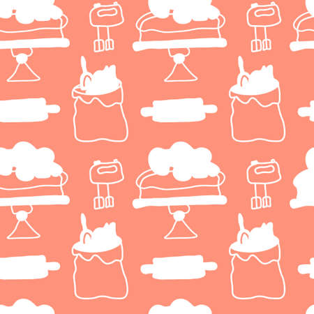 Vector seamless pattern white cooking on orange isolated background.Cafe, restaurant, kitchen print hand painted.Design for wrapping paper, packaging, textile, fabric, backdrop, wallpaper, scrapbook paper.のイラスト素材