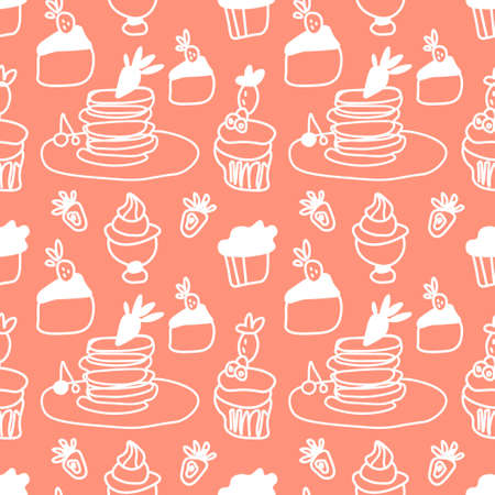 Vector seamless pattern white cooking on orange isolated background.Cafe, restaurant, kitchen print hand painted.Design for wrapping paper, packaging, textile, fabric, backdrop, wallpaper, scrapbook paper.のイラスト素材