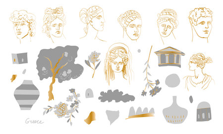 Vector Set of illustrations with Ancient Greece in flat style in gray color transparent background. Cute, antique clip art hand drawn. Design for stickers, social media, packaging, web, postcards, posters.のイラスト素材
