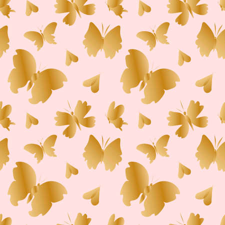 Seamless vector pattern with golden butterflies on a soft pink background. Repeating,summer,delicate hand drawn print in doodle style.のイラスト素材