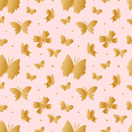 Seamless vector pattern with golden butterflies on a soft pink background. Repeating,summer,delicate hand drawn print in doodle style.のイラスト素材