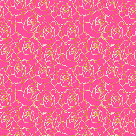Seamless vector pattern with gold flowers on glamorous pink background. Repeating, summer, bright hand drawn in doodle style.のイラスト素材