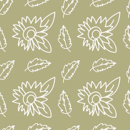Vector seamless pattern with autumn flowers white line on sage green hand painted background.Fall,...