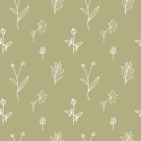 Vector seamless pattern with Flowers white line on sage green hand painted background.Summer, floral, botanical print in doodle style.Design for textiles, fabric, wrapping paper, packaging, wallpaper.のイラスト素材