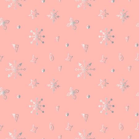 Seamless vector pattern with cute illustrations of silver line snowflakes on pink background.Winter,...