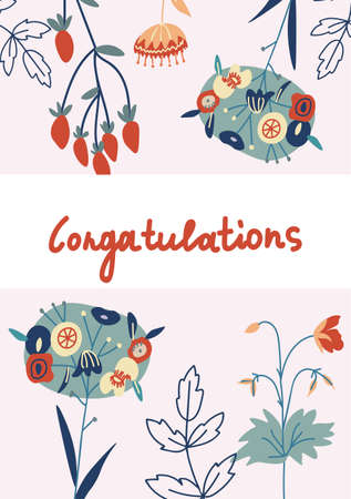 Vector holiday greeting card with hand drawn congratulations in delicate colors. Simple, bright, festive doodle style poster. Designs for prints, stickers, social media, printing, web, invitationsのイラスト素材