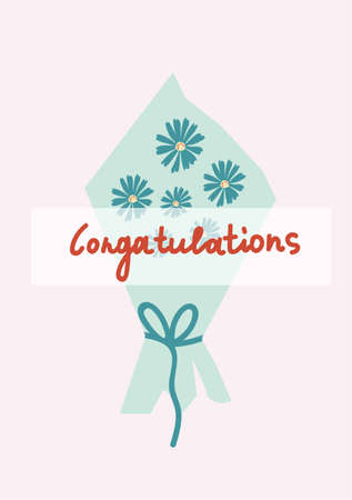 Vector holiday greeting card with hand drawn congratulations in delicate colors. Simple, bright, festive doodle style poster. Designs for prints, stickers, social media, printing, web, invitationsのイラスト素材