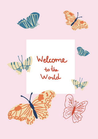 Vector holiday card with Welcome to the world hand drawn in delicate colors. Simple, bright, festive doodle style poster. Designs for prints, stickers, social media, printing, web, invitations.のイラスト素材