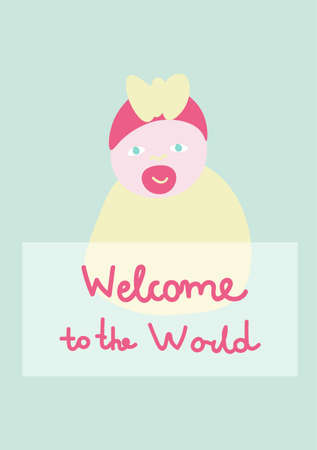 Vector holiday card with Welcome to the world hand drawn in delicate colors. Simple, bright, festive doodle style poster. Designs for prints, stickers, social media, printing, web, invitations.のイラスト素材