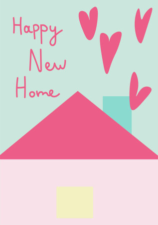 Vector holiday greeting card with hand drawn happy new home in delicate colors. Simple, bright, festive doodle style poster. Designs for prints, stickers, social media, printing, web, invitationsのイラスト素材