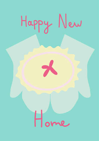 Vector holiday greeting card with hand drawn happy new home in delicate colors. Simple, bright, festive doodle style poster. Designs for prints, stickers, social media, printing, web, invitationsのイラスト素材