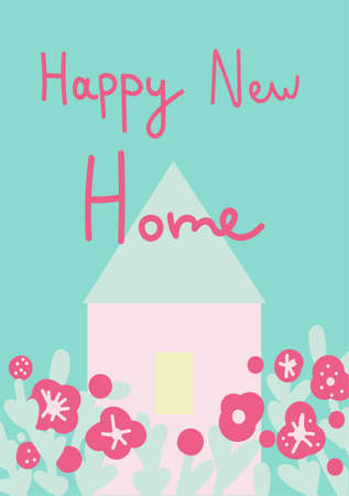 Vector holiday greeting card with hand drawn happy new home in delicate colors. Simple, bright, festive doodle style poster. Designs for prints, stickers, social media, printing, web, invitationsのイラスト素材