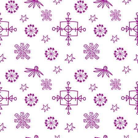 Vector seamless pattern with Velvet Violet snowflakes on white background.Simple, Christmas, minimalistic, festive doodle style print. Designs for printing, web, invitations, textiles, wrapping paper.のイラスト素材