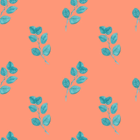 Seamless pattern with watercolor minimalist Turquoise eucalyptus on Calming Coral background.Repeating, botanical hand drawn print.Design for wrapping paper, packaging, social media, textiles, fabric.の写真素材