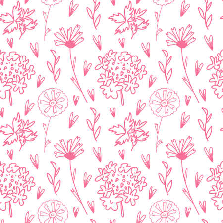 Seamless pattern with vector flowers in Pacific Pink on white background. Repeating, Floral, botanical print hand drawn.Design for wrapping paper, packaging, social media, textiles, fabric.のイラスト素材