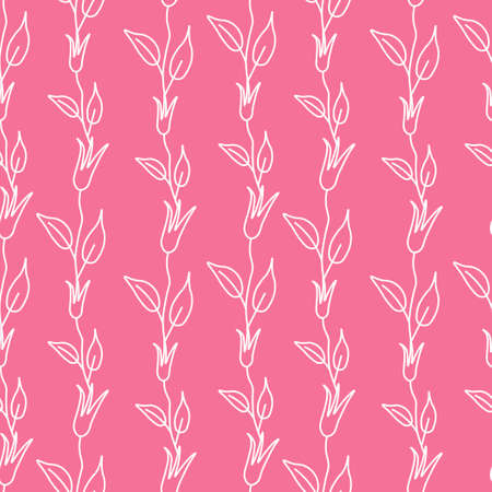 Seamless pattern with vector white flowers in on Pacific Pink background. Repeating, Floral, botanical print hand drawn.Design for wrapping paper, packaging, social media, textiles, fabric.のイラスト素材