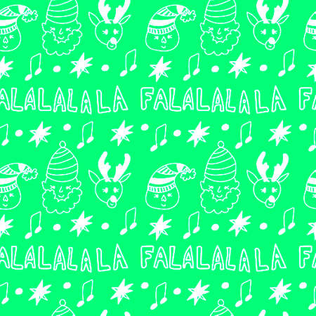 Seamless vector pattern with white Christmas illustrations on a neon green background.Winter, festive hand drawn doodle style print.Designs for textiles, wrapping paper, packages, scrapbooking paper.のイラスト素材