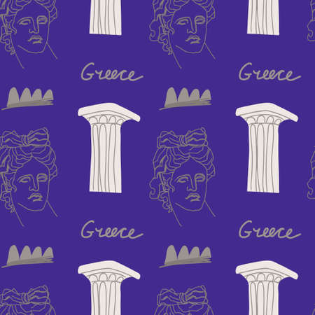Seamless vector pattern with gray Greek illustrations on purple Very Peri background. Trendy, floral hand drawn line style print. Design for textiles, fabric, wrapping paper, packaging, scrapbook paperのイラスト素材
