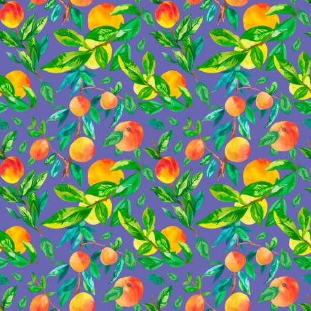 Watercolor seamless pattern with orange peaches on trending color 2022 Very Peri.Summer, botanical,...