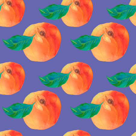 Watercolor seamless pattern with orange peaches on trending color 2022 Very Peri.Summer, botanical, textural hand drawn print.Designs for textiles, fabric, wrapping paper, packaging, social media.の写真素材