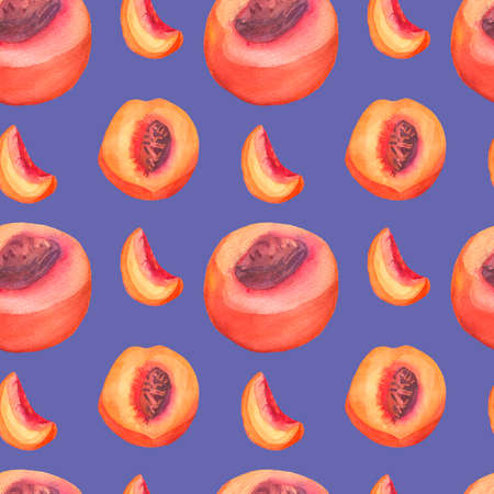 Watercolor seamless pattern with orange peaches on trending color 2022 Very Peri.Summer, botanical,...